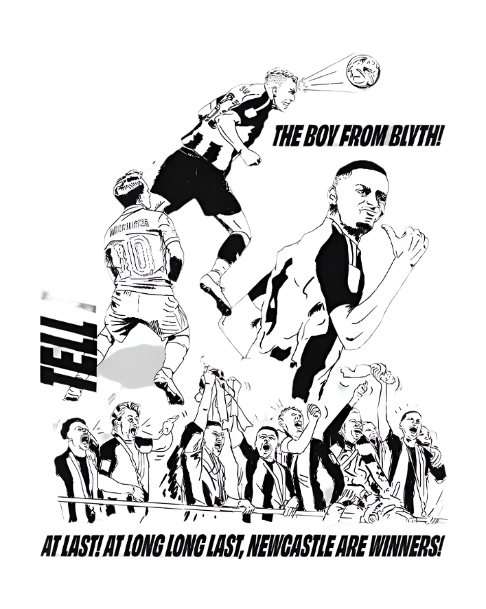 Black and white illustration of a soccer player celebrating with text on a white background