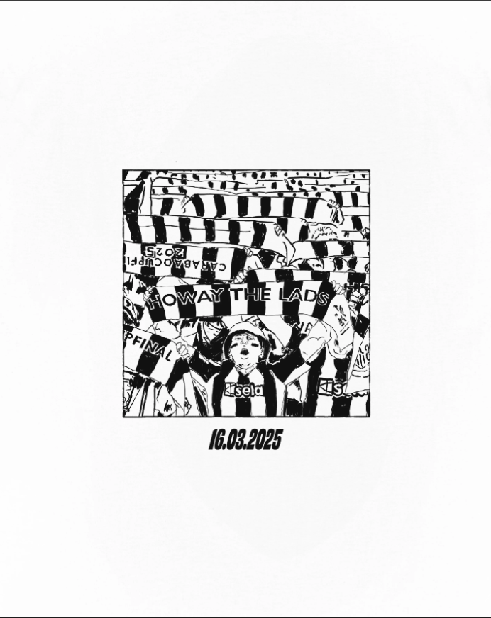 Black and white NUFC fan illustration featuring crowd celebration and bold chant text on white oversized T-shirt