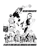 Black and white illustration of a soccer player celebrating with text on a white background