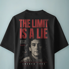Black t-shirt with red text 'The Limit is a Lie' and a graphic of a person on a light blue background